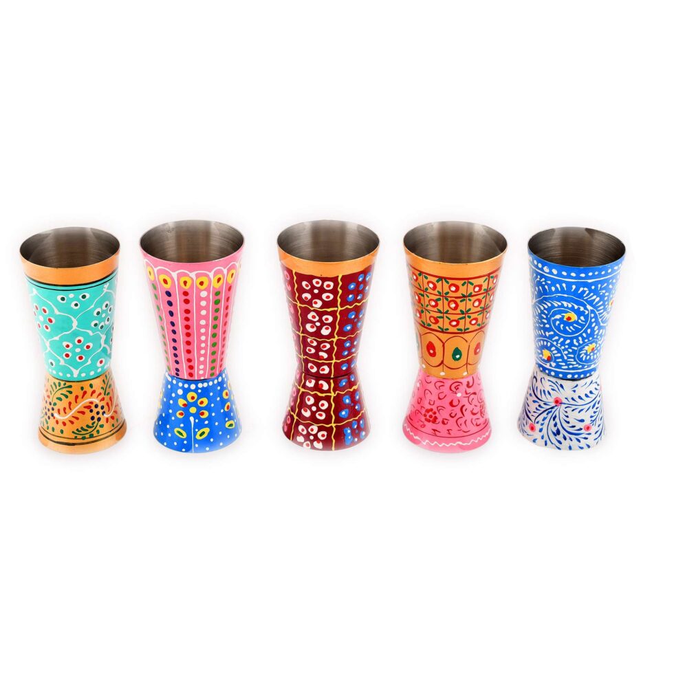 Colorful handmade steel tumblers featuring vibrant Rajasthani and Madhubani patterns