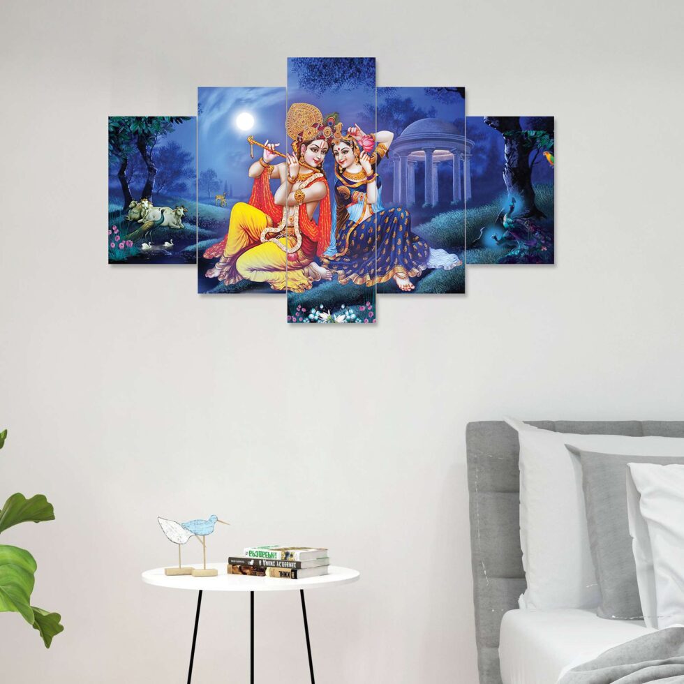 Beautiful Radha Krishna with flute digital wall art – spiritual wall decor for home or temple interiors.