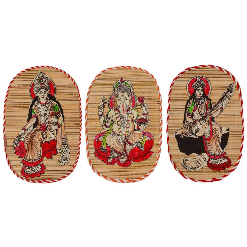Handmade bamboo wall hanging set of Lakshmi, Ganesha, and Saraswati, traditional Diwali festive home decor
