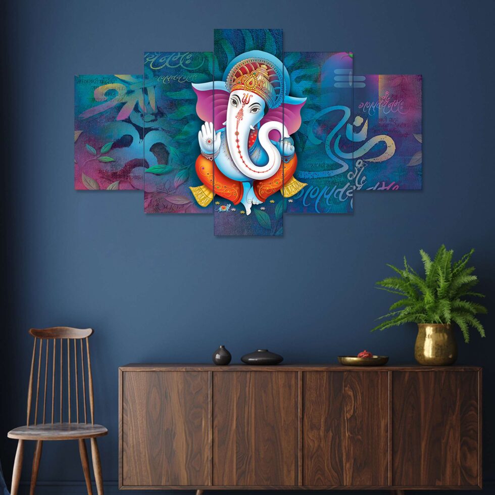 Elegant multicolor Ganesha digital canvas painting – contemporary wall decor symbolizing peace and prosperity.