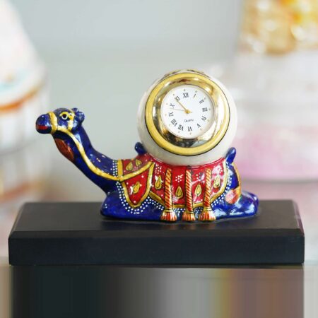 Decorative camel figurine clock with traditional Indian artwork, perfect for festive home décor.