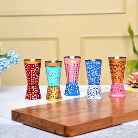 Vibrant enamel-painted steel drinkware set, handcrafted in traditional Indian style