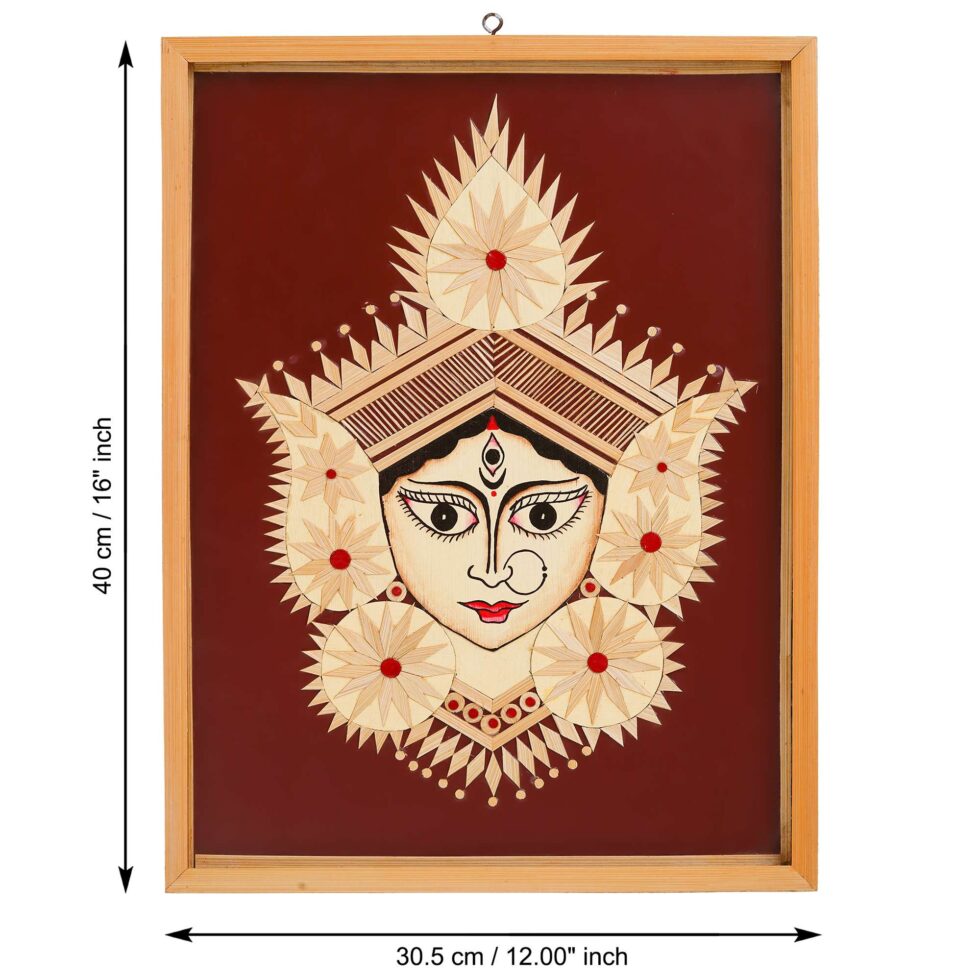 Ethnic bamboo wall art of Durga Maa on maroon background, perfect spiritual gift for Diwali festival