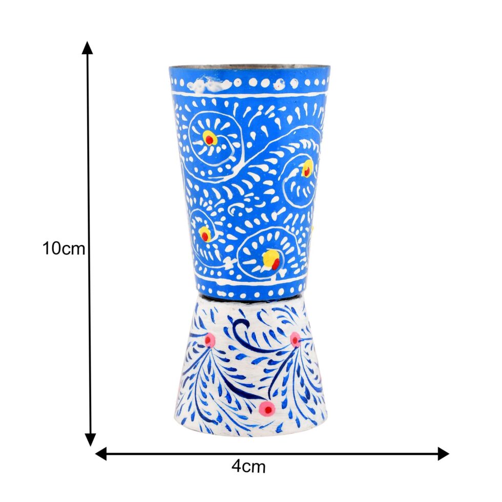 Hand-painted blue and white aluminium glass with floral design, traditional Indian decor piece