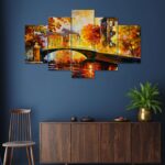 Beautiful sunset cityscape digital wall painting – luxury Indian art decor for stylish home spaces.