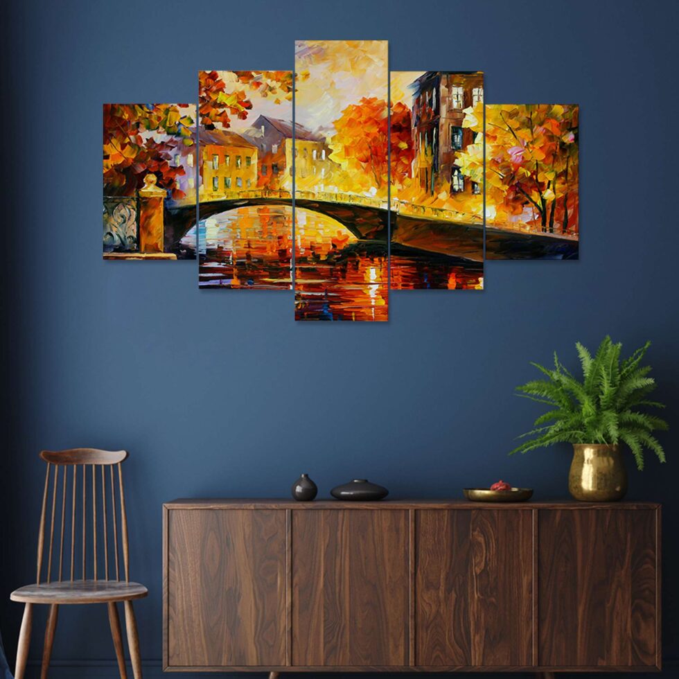 Beautiful sunset cityscape digital wall painting – luxury Indian art decor for stylish home spaces.