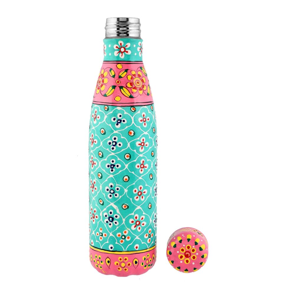 Traditional Rajasthani art aluminium bottle in turquoise and pink with intricate patterns