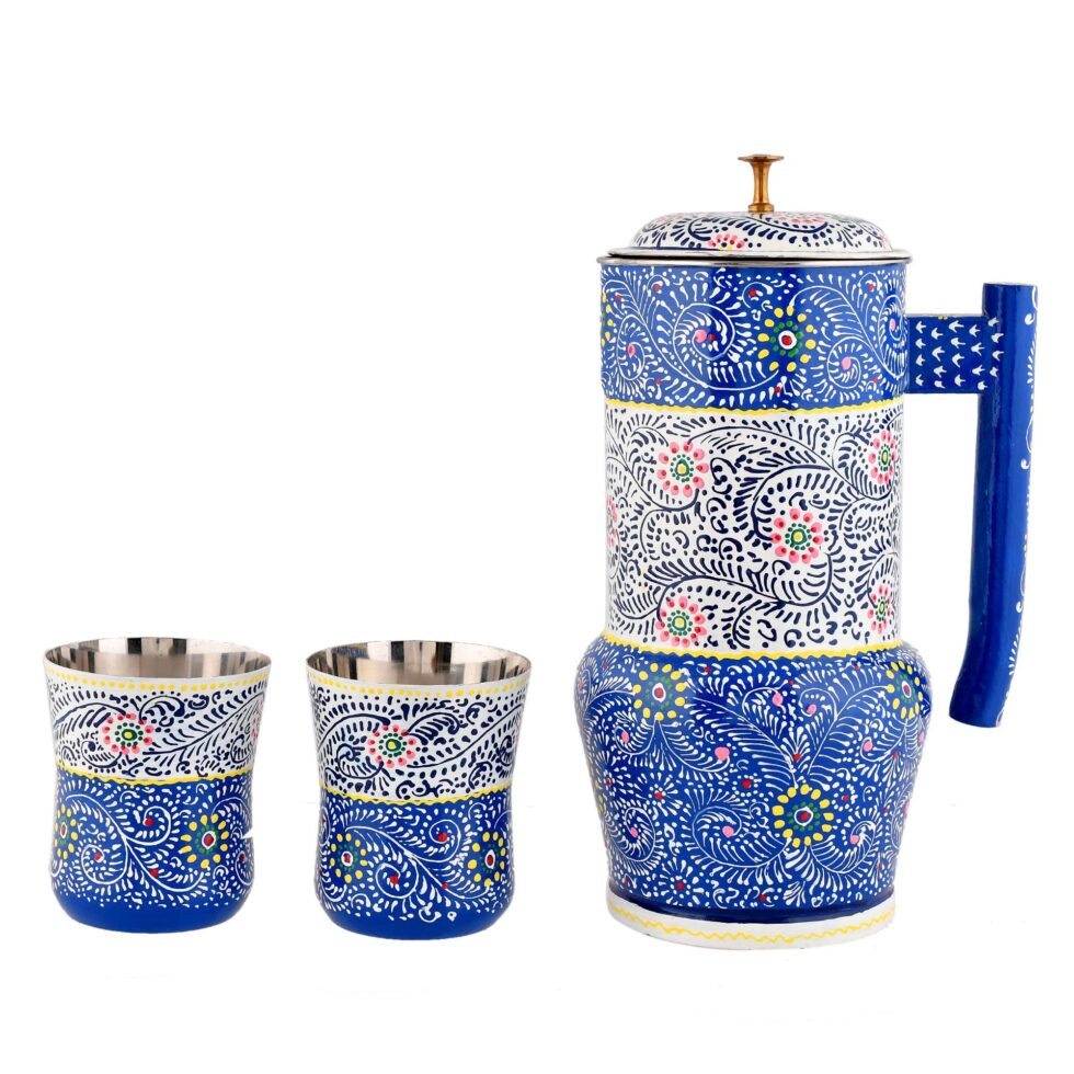 Handmade stainless steel jug set with ethnic Indian blue floral artwork, perfect for home decor