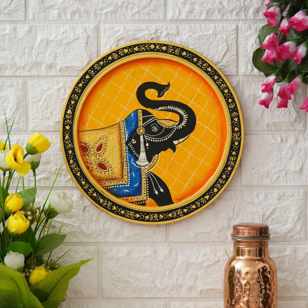 Handcrafted-style Pichwai elephant artwork – vibrant Indian folk decor for home interiors.