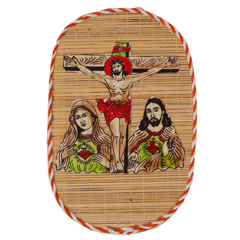Eco-friendly bamboo wall hanging depicting Jesus and Mary, ideal for festive home decoration and gifting