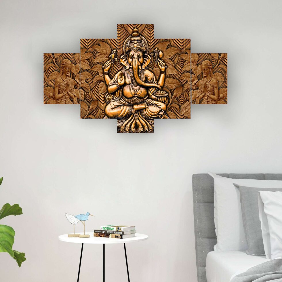 Artistic Lord Ganesh embossed-style digital canvas painting – devotional modern art for home interiors.