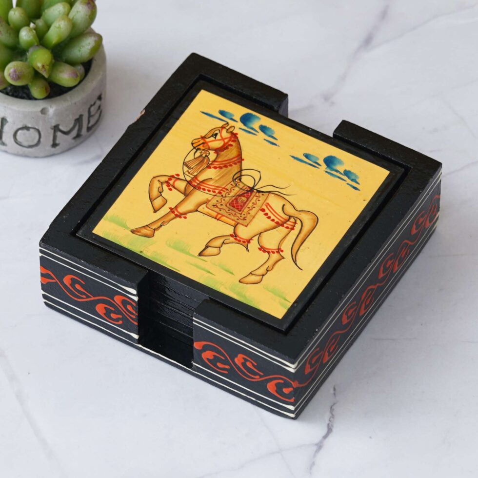 Decorative wooden coasters with vibrant horse painting, perfect Diwali home and dining decor piece