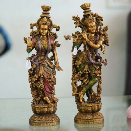Decorative brass Radha Krishna murti set, cultural Indian art piece for Diwali home decoration