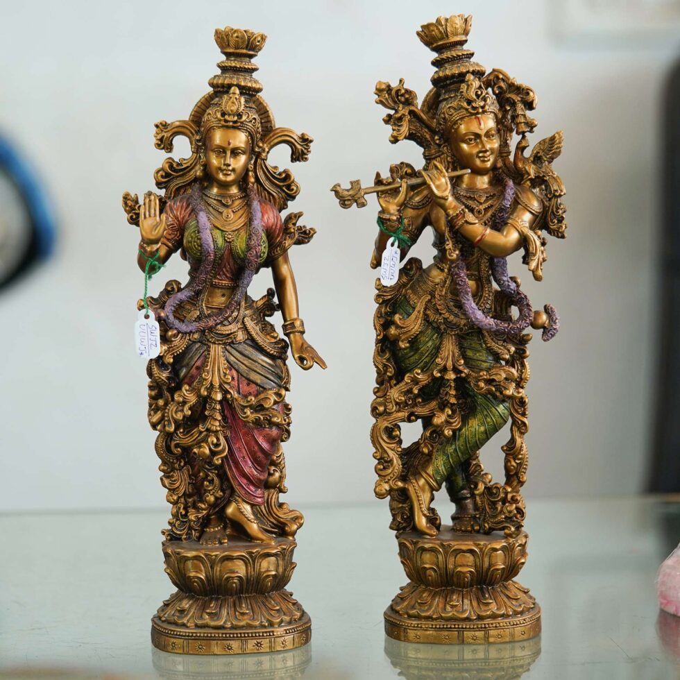 Decorative brass Radha Krishna murti set, cultural Indian art piece for Diwali home decoration