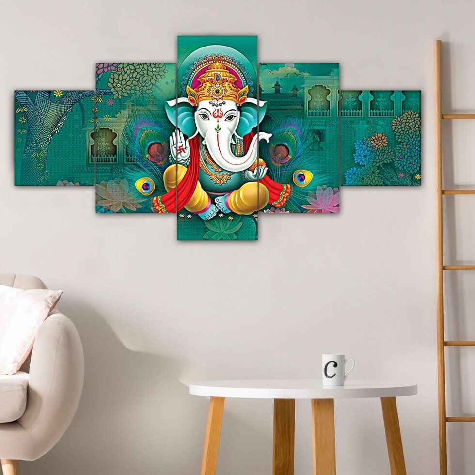 Colorful Lord Ganesha digital wall painting – modern spiritual art decor for living room or temple.