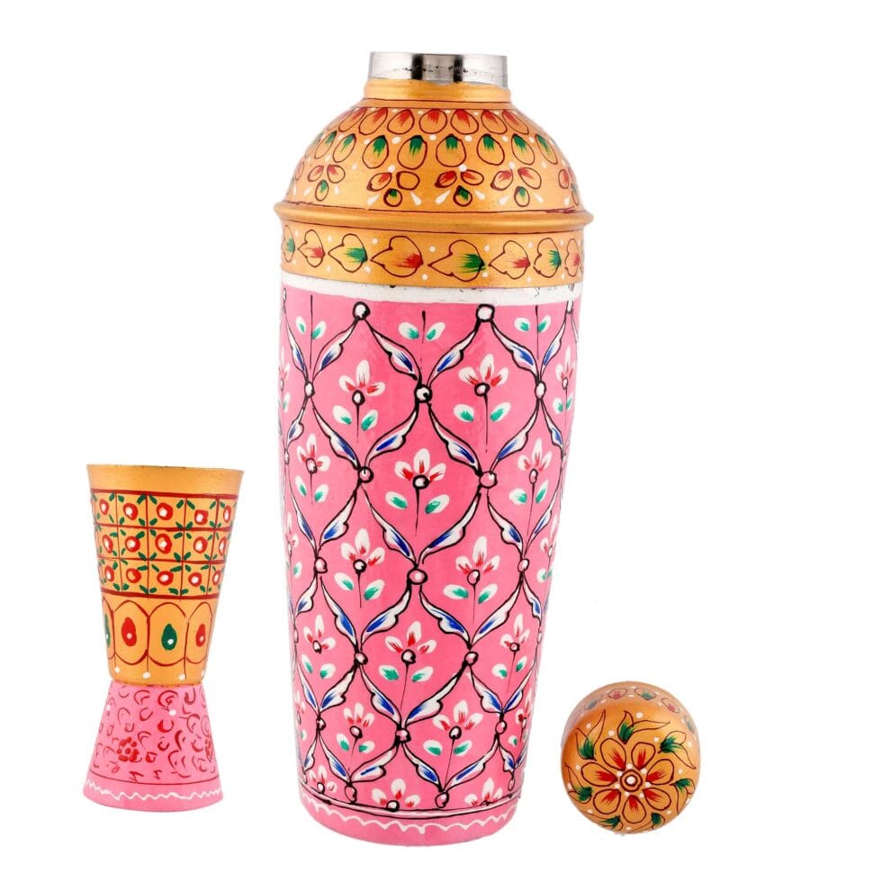 Elegant Rajasthani-style aluminium bar set with pink and gold detailing