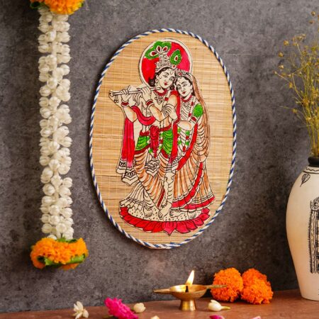 Eco-friendly bamboo wall hanging with Radha Krishna design, ideal for Diwali decoration and gifting