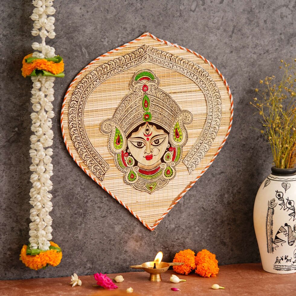 Ethnic bamboo wall art featuring Durga Maa inside decorative frame, perfect Diwali spiritual gift