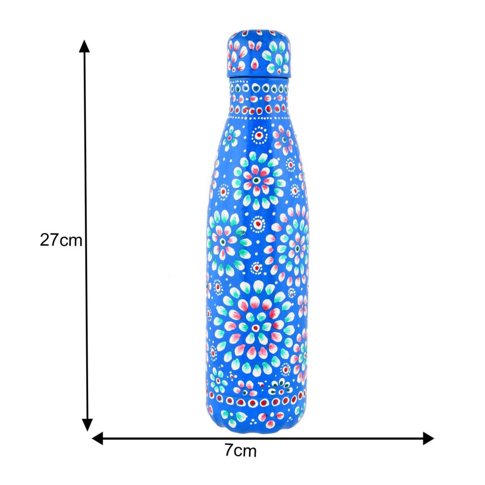 Hand-painted blue aluminium water bottle with colorful floral mandala design