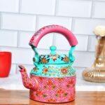 Hand-painted pink and turquoise stainless steel kettle with floral Indian art design