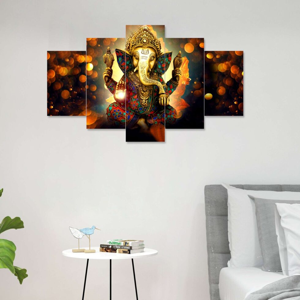 Divine Lord Ganesha digital wall painting with golden glow – modern spiritual art decor for living room.