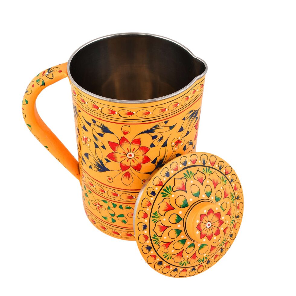 Colorful enamel-painted steel water jug featuring traditional flower motifs