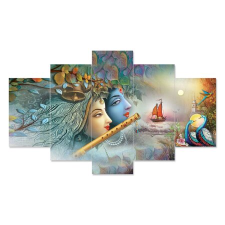 Colorful Radha Krishna nature-inspired digital wall painting – contemporary spiritual art for bedroom or gifting.
