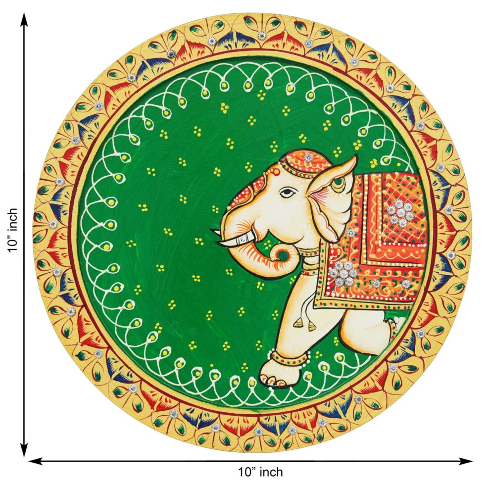 Colorful Indian elephant Pichwai painting – elegant ethnic art decor for pooja room or hallway.