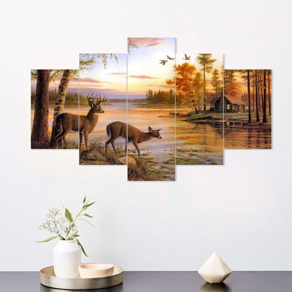 Serene forest landscape digital wall art with deer and cabin – perfect modern wall decor for home.