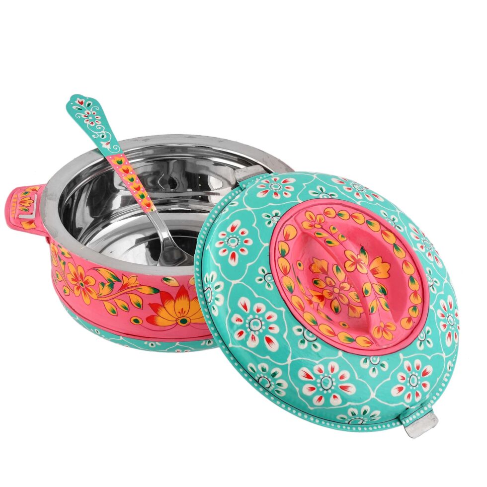 Hand-painted stainless steel casserole with floral Indian art design and matching spoon