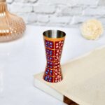 Artisan painted aluminium glass in red and green floral pattern, ethnic home decor accent