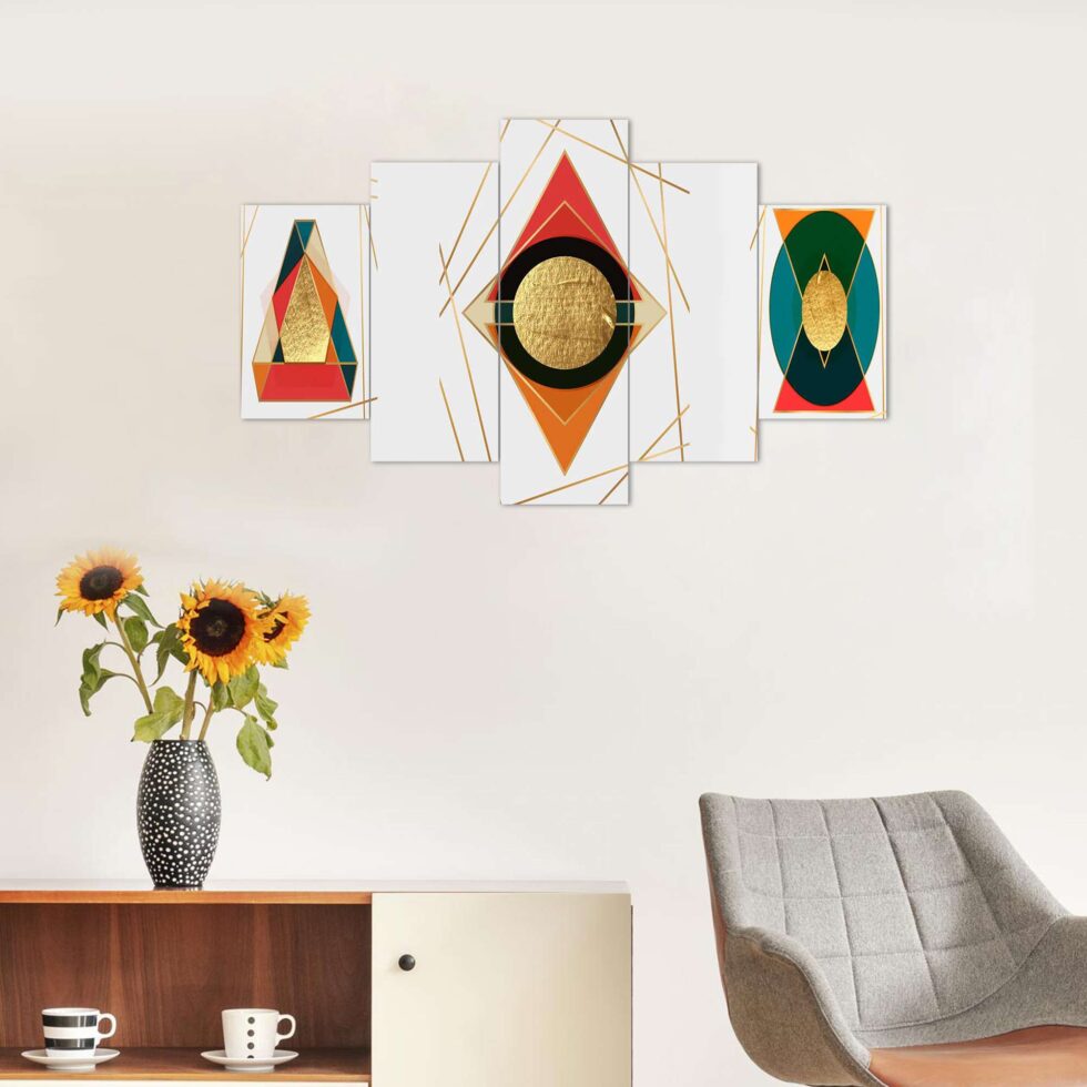 Modern geometric abstract digital wall painting with gold accents – luxury art decor for living room.