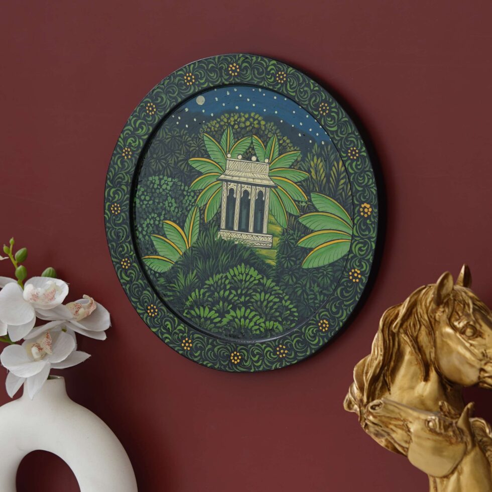 Traditional Pichwai landscape painting with palace and greenery – ethnic Indian wall art decor for living room.