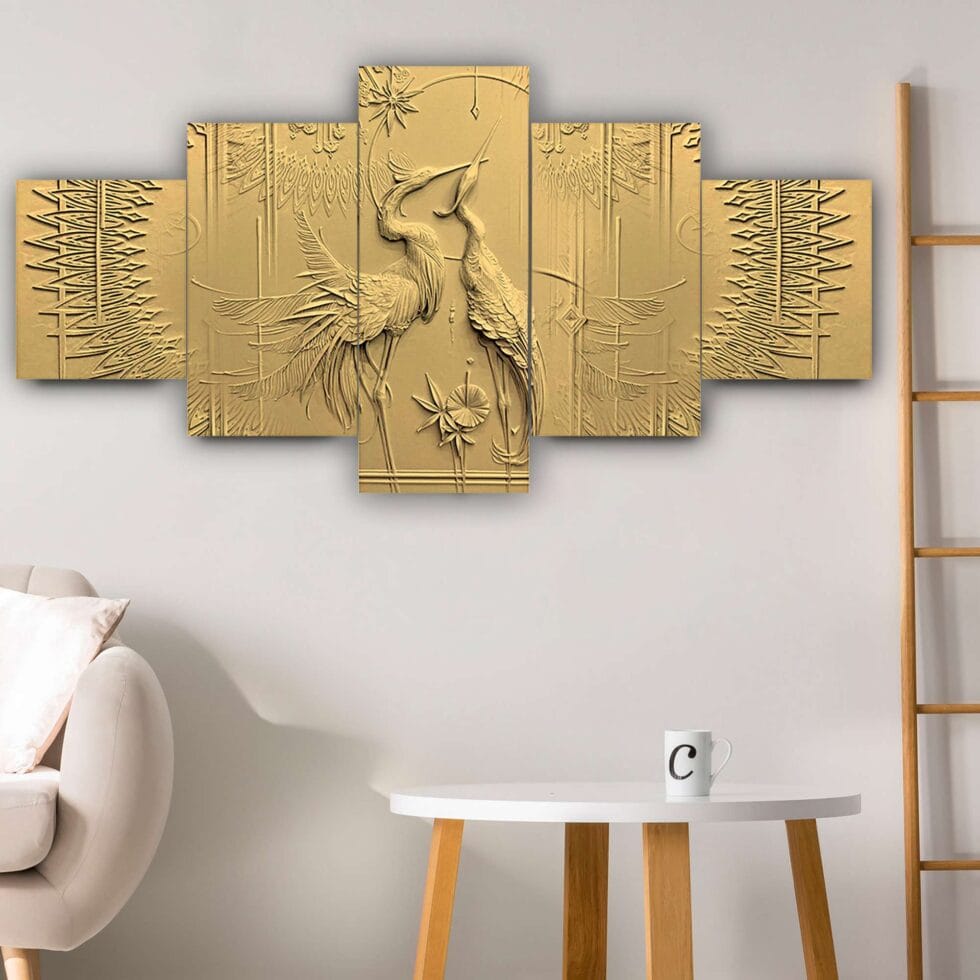 Elegant golden crane couple digital wall painting – luxury 3D art decor for modern living room.
