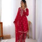 Women's Georgette Embroidery Straight Kurti with Pant And Dupatta Set - AllHandmadeGoods