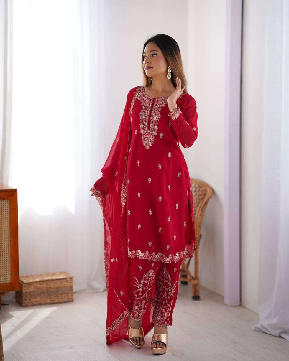 Women's Georgette Embroidery Straight Kurti with Pant And Dupatta Set - AllHandmadeGoods