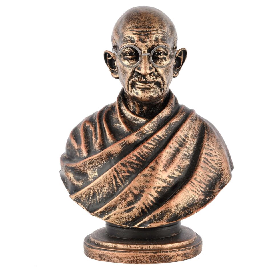 Artisan-made bronze Gandhi bust, cultural Indian decor for study or workspace interiors
