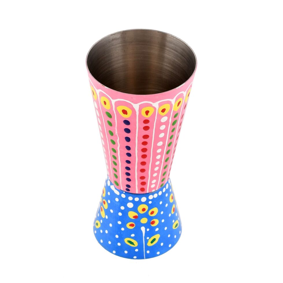 Vibrant multicolor aluminium tumbler with traditional hand-painted Indian art
