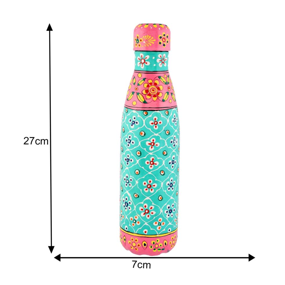 Hand-painted turquoise and pink aluminium water bottle with floral ethnic design