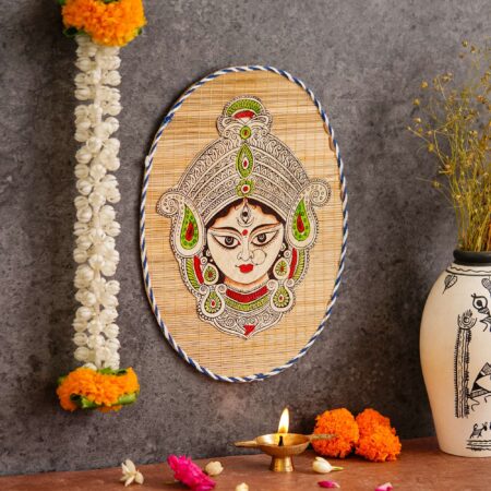 Eco-friendly bamboo wall hanging with Goddess Durga design, ideal for Diwali decoration and gifting