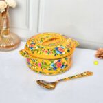 Festive Diwali hand-painted yellow steel casserole, ideal for serving and gifting