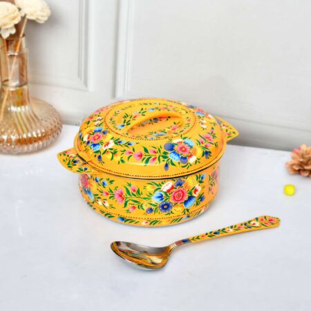 Festive Diwali hand-painted yellow steel casserole, ideal for serving and gifting