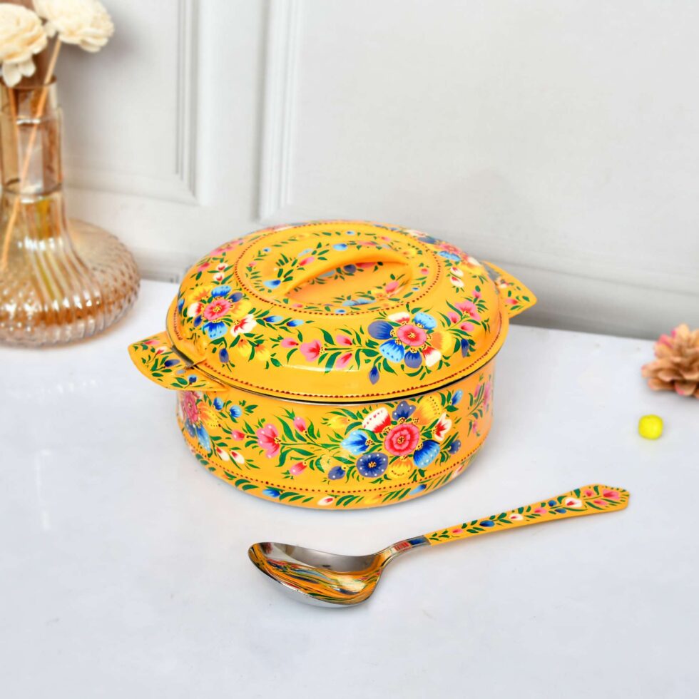 Festive Diwali hand-painted yellow steel casserole, ideal for serving and gifting