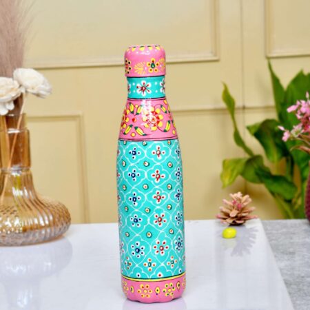 Decorative hand-painted aluminium water bottle featuring floral motifs and pastel colors