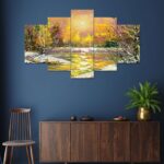 Scenic nature-inspired digital wall painting with trees and sunlight – elegant art decor for home spaces.