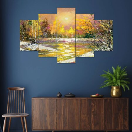 Scenic nature-inspired digital wall painting with trees and sunlight – elegant art decor for home spaces.