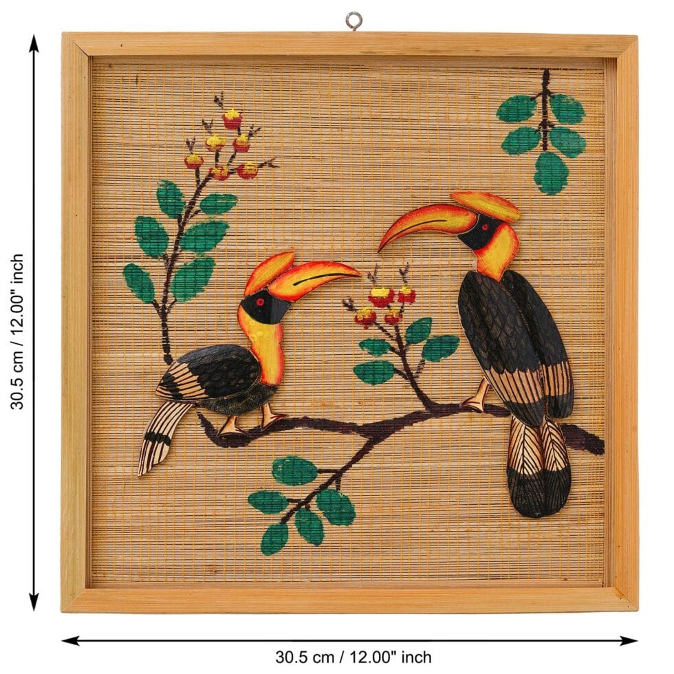 Handmade bamboo wall frame with hornbill bird artwork, traditional Diwali festive home decor