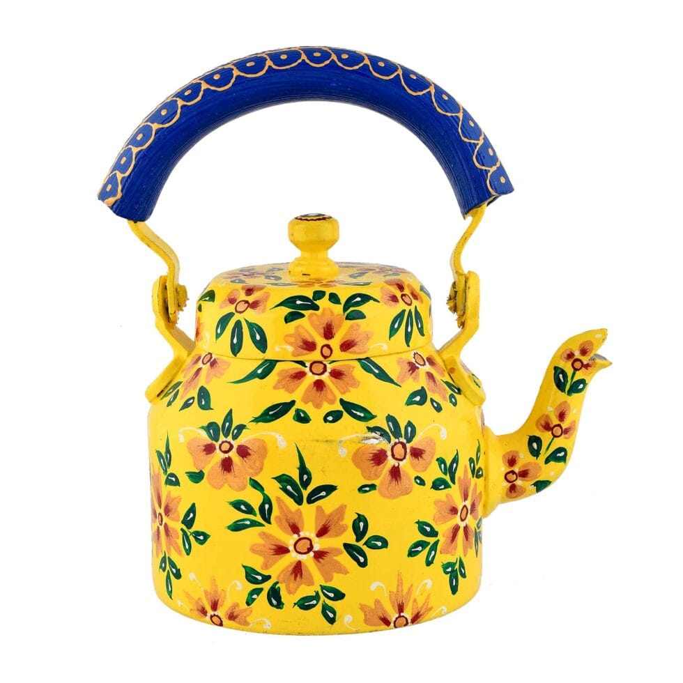Handmade stainless steel kettle with bright yellow floral artwork, perfect for decor