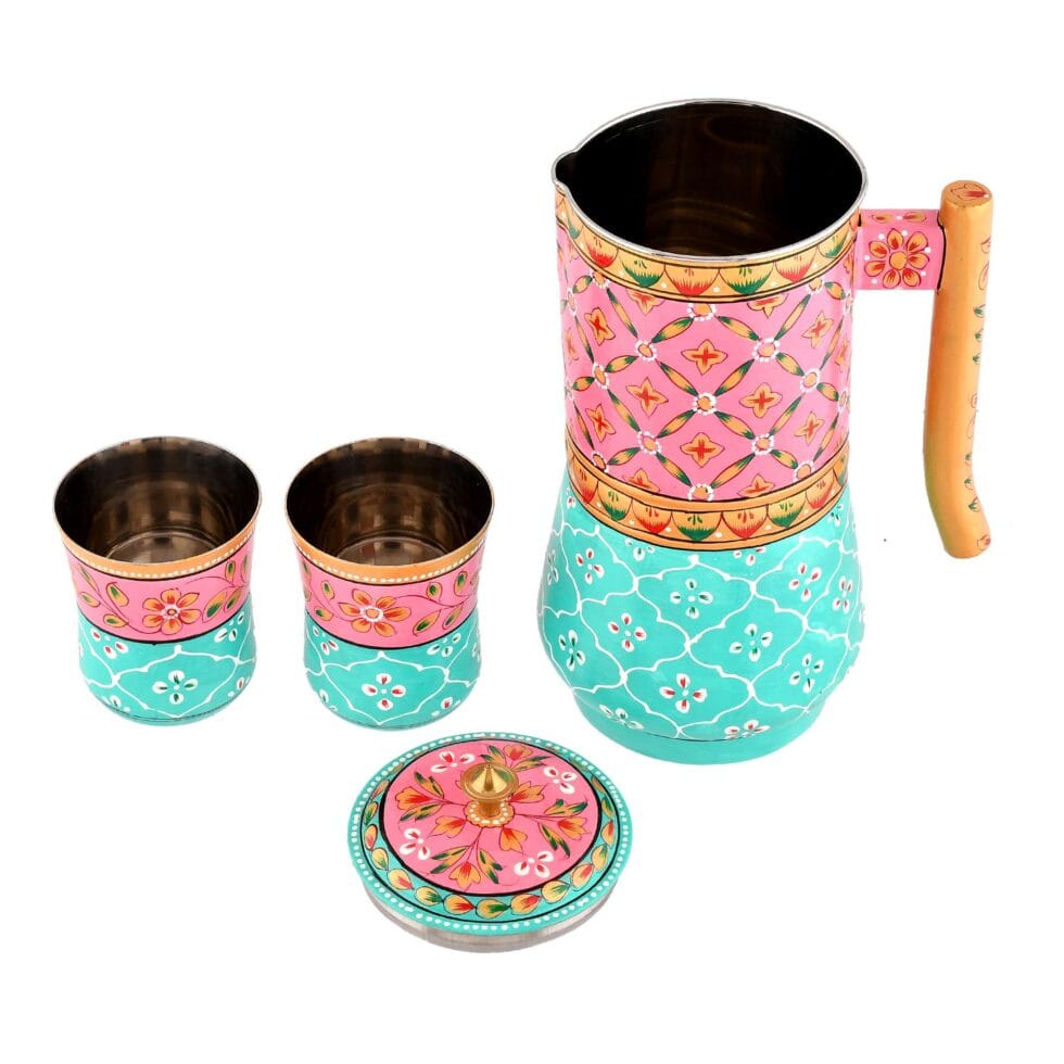 Handmade stainless steel drinkware set with ethnic Indian motifs, perfect for decor and serving