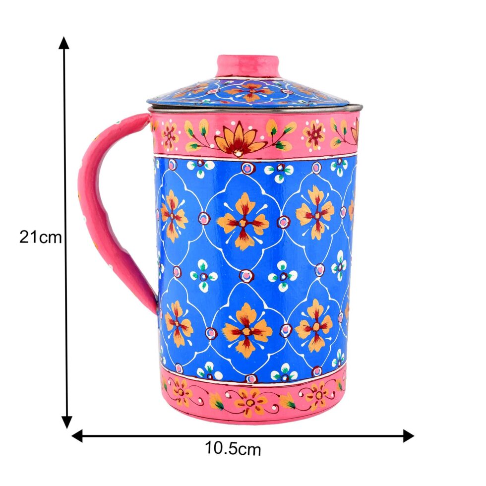 Hand-painted blue and pink stainless steel jug with floral Indian art design and lid